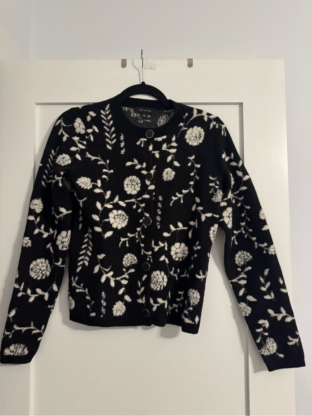 Ann Taylor Black and White Floral Knit Cardigan